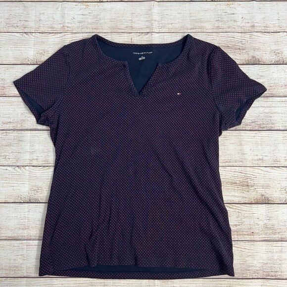 Tommy Hilfiger Women's Large Navy Blue Polka Dot V-Neck Short Sleeve Blouse Top - Picture 1 of 6